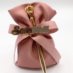 Bomboniera compleanno penna corona sacco rosa antico nome
