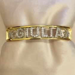 Bracciale rigido manetta nome argento 925 oro giallo e zirconi