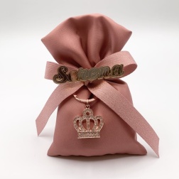 Bomboniera compleanno portachiavi corona sacco rosa antico nome
