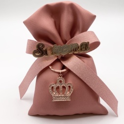 Bomboniera compleanno portachiavi corona sacco rosa antico nome