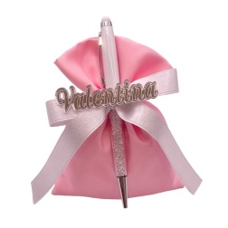 Bomboniera compleanno penna bianca sacco rosa nome