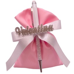 Bomboniera compleanno penna bianca sacco rosa nome